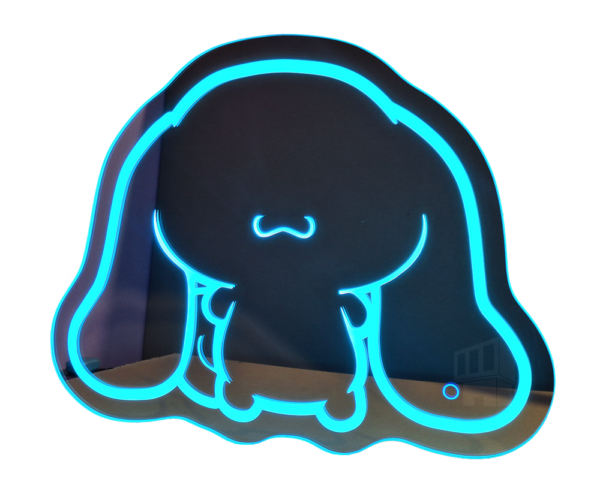 Espejo de Cinnamoroll con luz LED RGB en color azul, sensor touch y control por app, ideal para decorar recámaras.